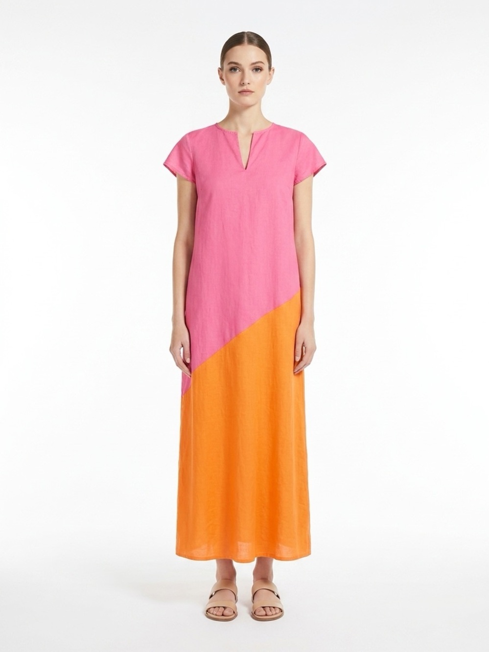 Madison Mathews Color Block Diagonal Maxi Dress Cotton Pink Orange M